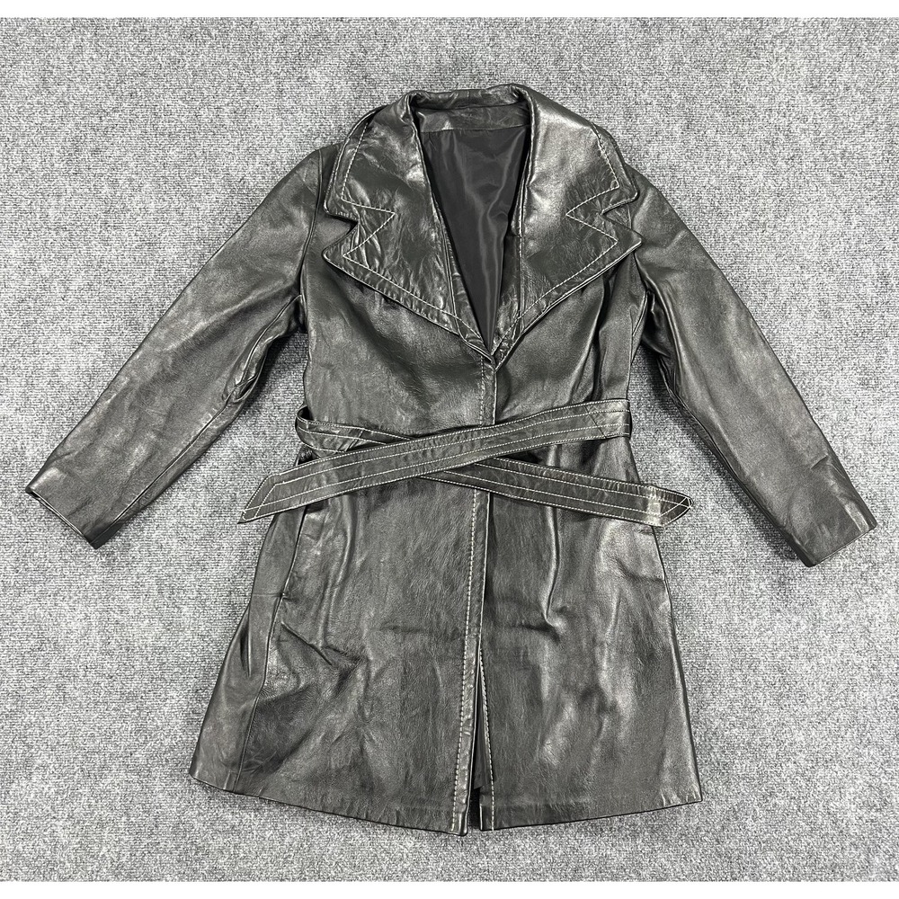 Vintage‎ Peter Caruso Leather Trench Coat Womens 12 Black Belted Mid Length
